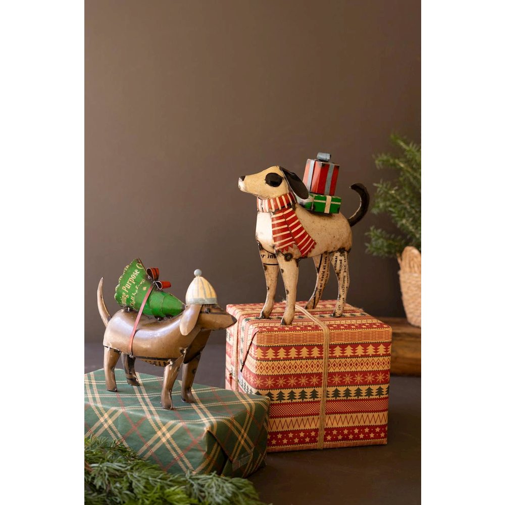 Set Of Two Recycled Metal Christmas Dogs