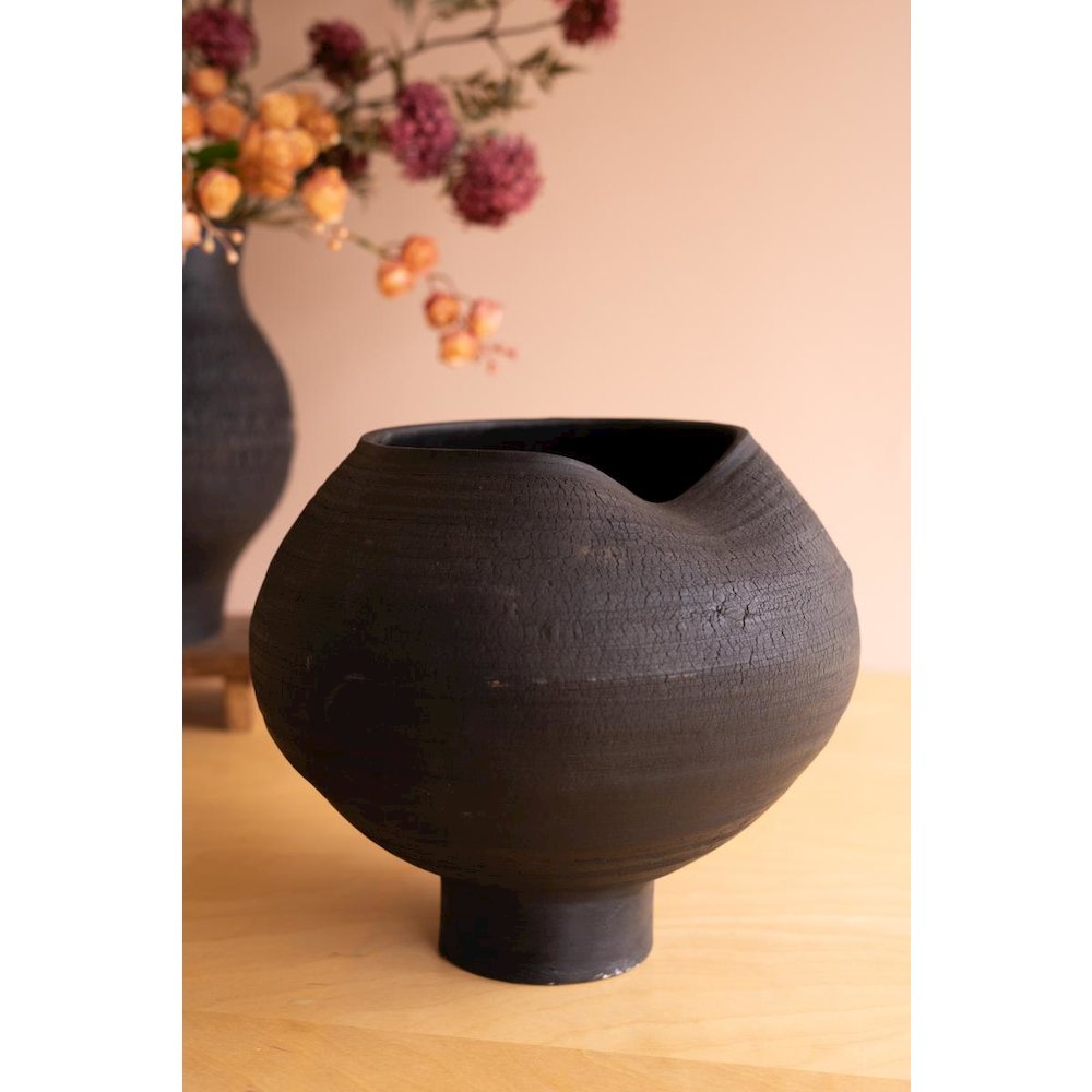 Set of Two Black Clay Vases with Crackle Detail