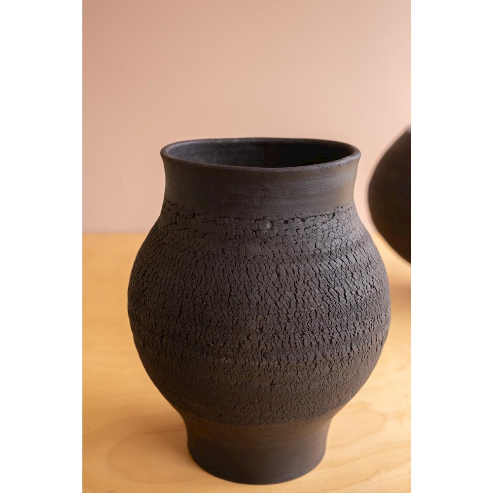 Set of Two Black Clay Vases with Crackle Detail
