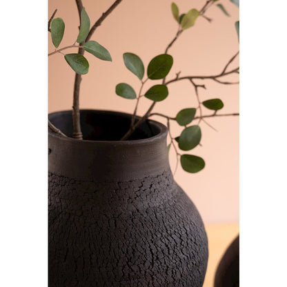 Set of Two Black Clay Vases with Crackle Detail