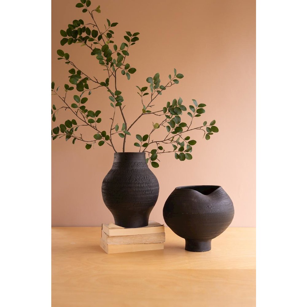 Set of Two Black Clay Vases with Crackle Detail