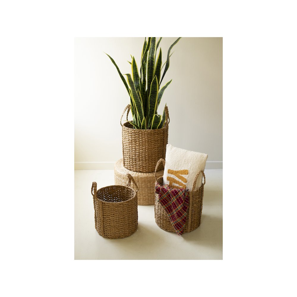 Set Of 3 Round Braided Seagrass Storage Baskets W Handles