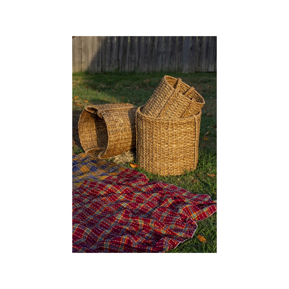Set Of 3 Round Braided Seagrass Storage Baskets W Handles