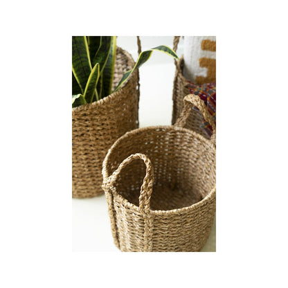 Set Of 3 Round Braided Seagrass Storage Baskets W Handles