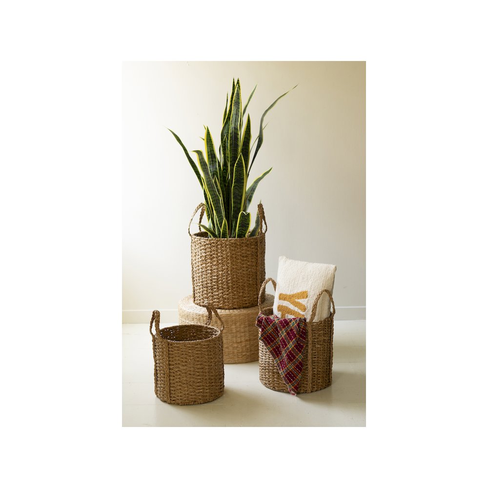 Set Of 3 Round Braided Seagrass Storage Baskets W Handles