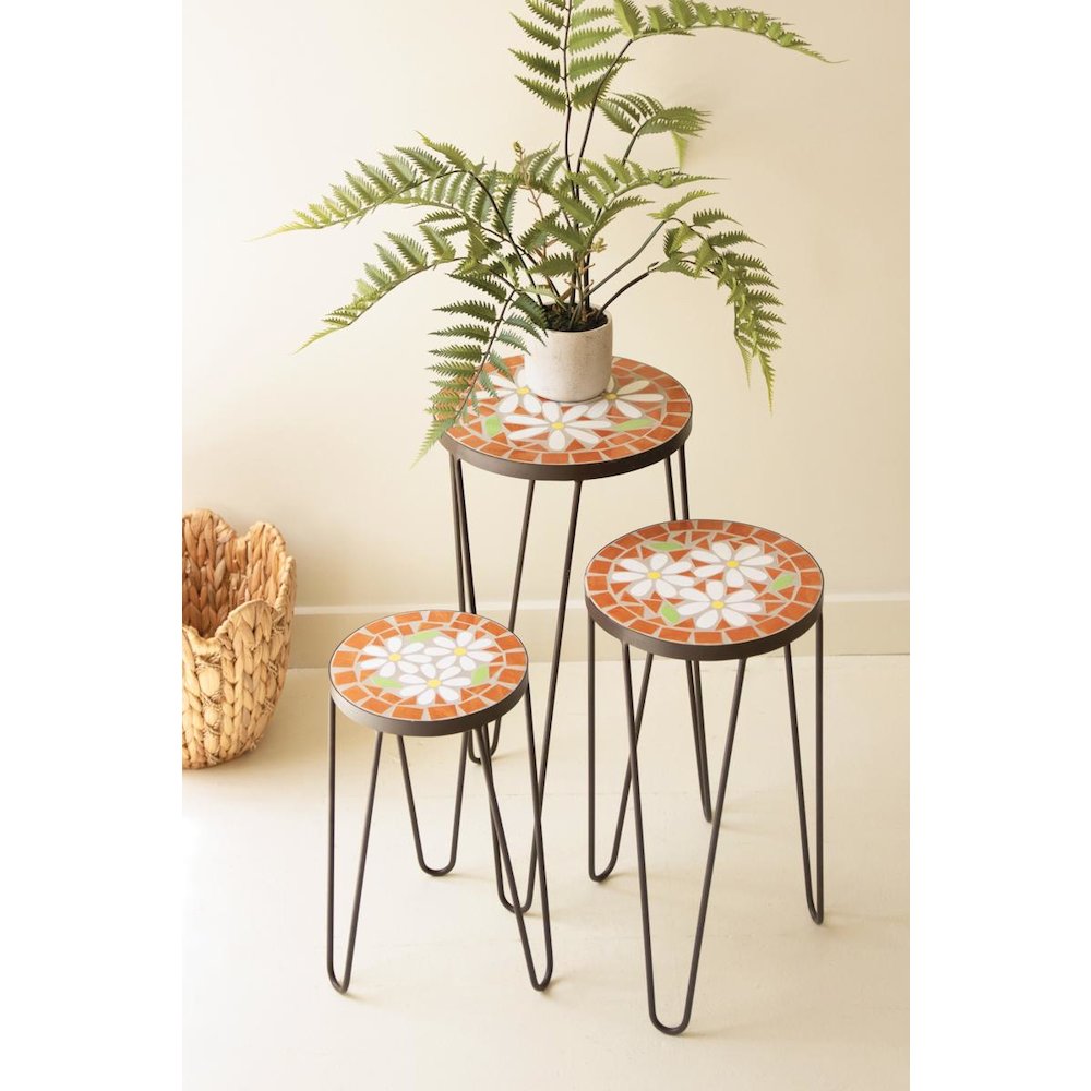 Set of Three Nesting Mosaic Tile Tables with Metal Bases