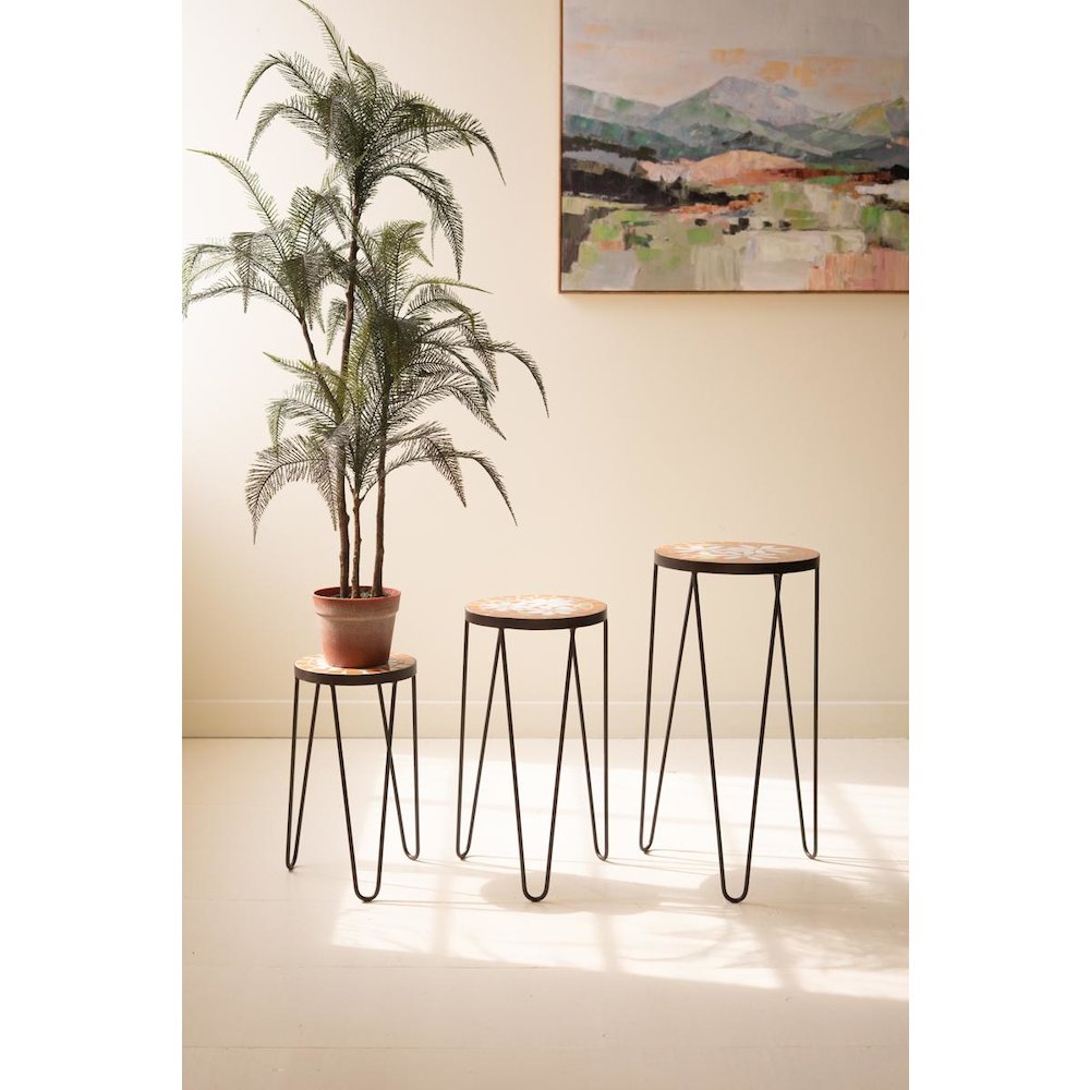 Set of Three Nesting Mosaic Tile Tables with Metal Bases