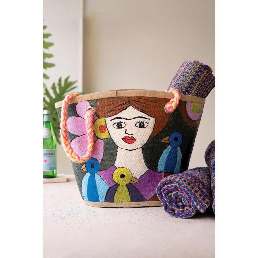 Hand-painted Seagrass Bag - Girl with Blue Birds