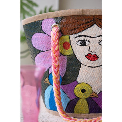 Hand-painted Seagrass Bag - Girl with Blue Birds