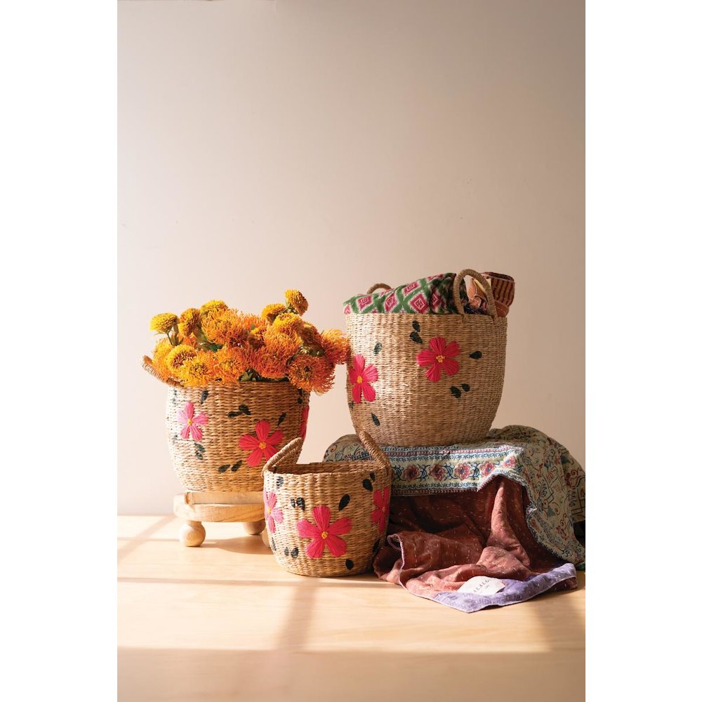 Set of Three Seagrass Baskets - Flowers