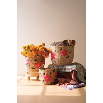 Set of Three Seagrass Baskets - Flowers