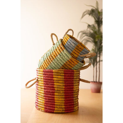 Set of Three Seagrass Basket with Multi-colored Stripes