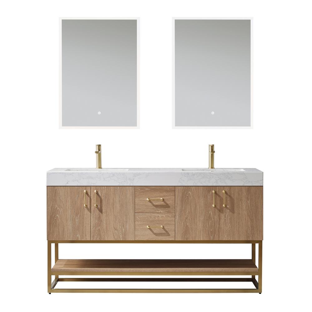 60" Double Vanity with White Grain Stone Countertop With Mirror