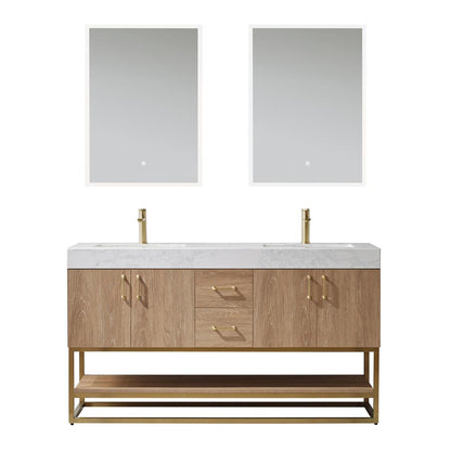 60" Double Vanity with White Grain Stone Countertop With Mirror