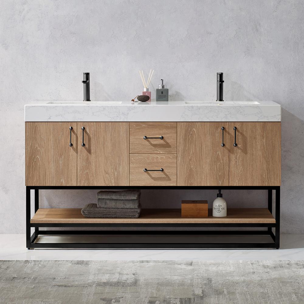 60B" Double Vanity with White Grain Stone Countertop Without Mirror