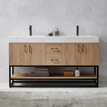 60B" Double Vanity with White Grain Stone Countertop Without Mirror