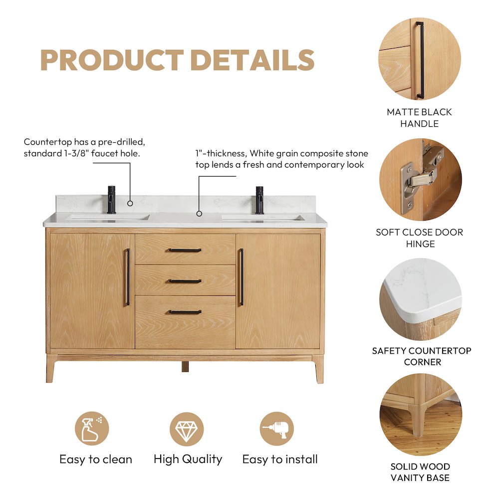 Gara 60M" Free-standing Double Bath Vanity in Washed Ash Grey