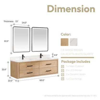 Cristo 60M" Floating Double Bath Vanity in Fir Wood Brown