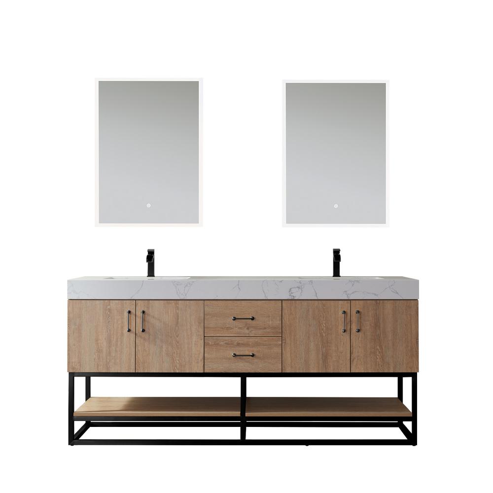 72B" Double Vanity with White Grain Stone Countertop With Mirror