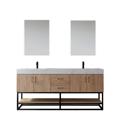 72B" Double Vanity with White Grain Stone Countertop With Mirror