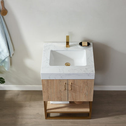 24" Single Vanity with White Grain Stone Countertop Without Mirror