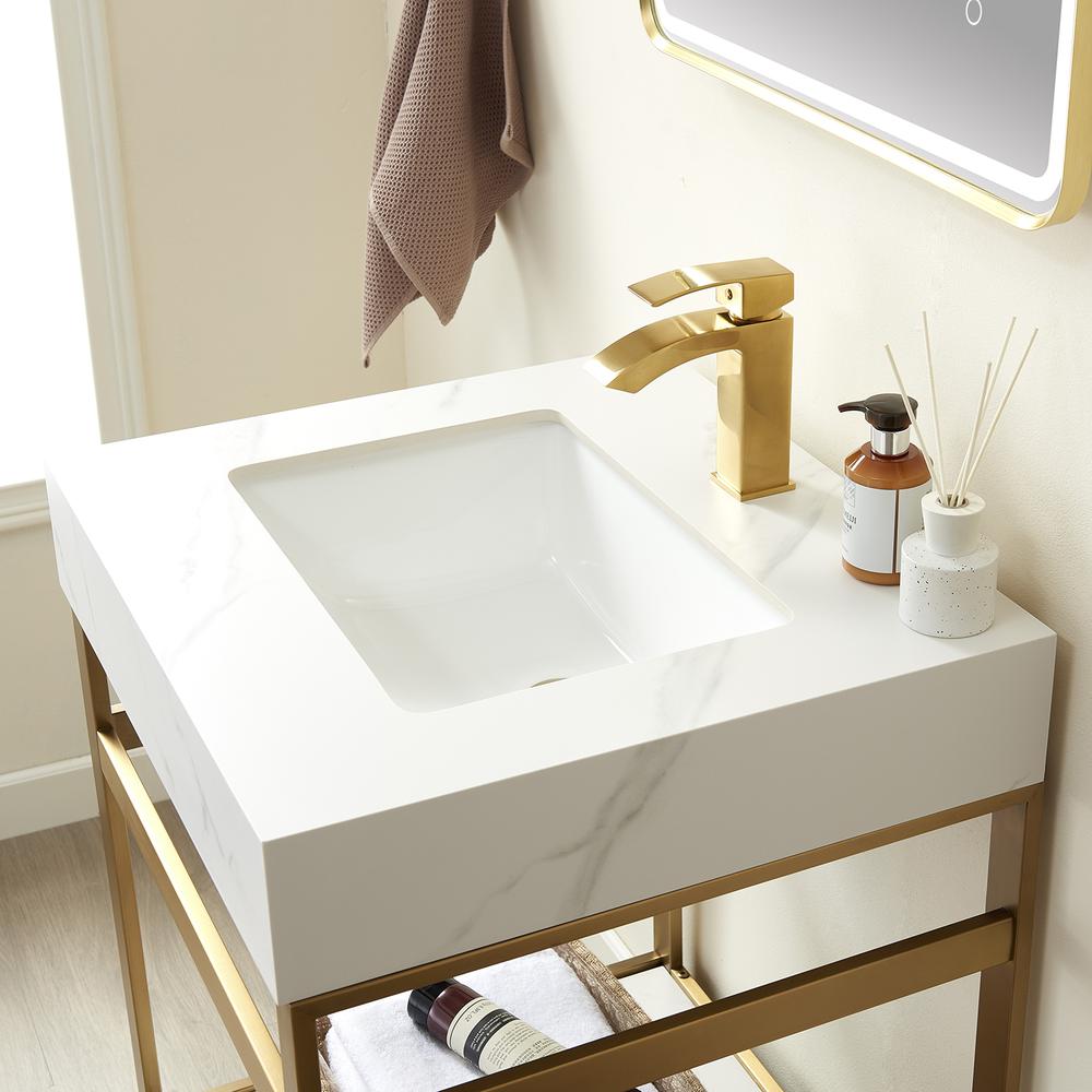Single Sink Bath Vanity Metal Support with White Sintered Stone Top and Mirror