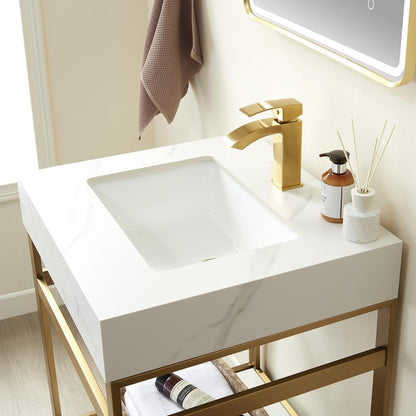 Single Sink Bath Vanity Metal Support with White Sintered Stone Top and Mirror