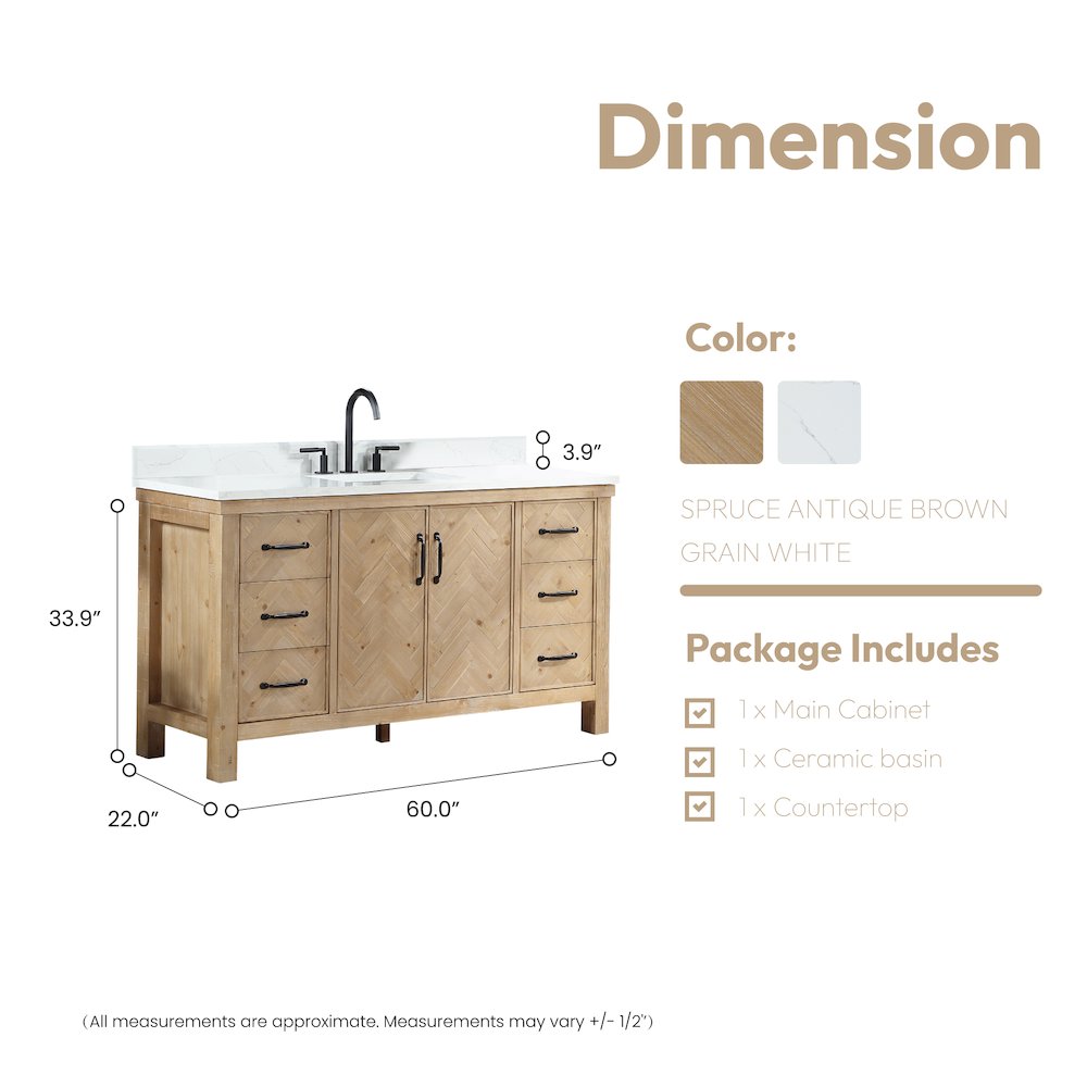 Javier 60" Free-standing Single Bath Vanity in Spruce Antique Brown