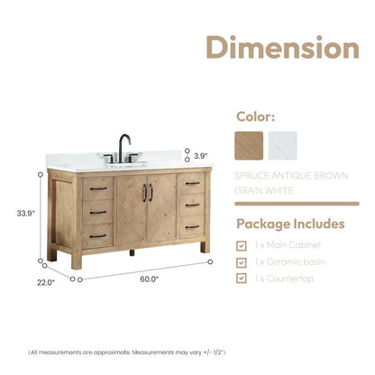 Javier 60" Free-standing Single Bath Vanity in Spruce Antique Brown
