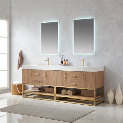 84" Double Sink Bath Vanity with White Grain Stone Countertop and Mirror