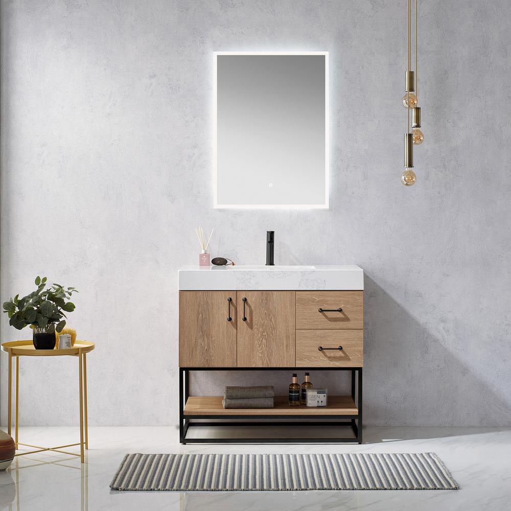 36B" Single Vanity with White Grain Stone Countertop With Mirror