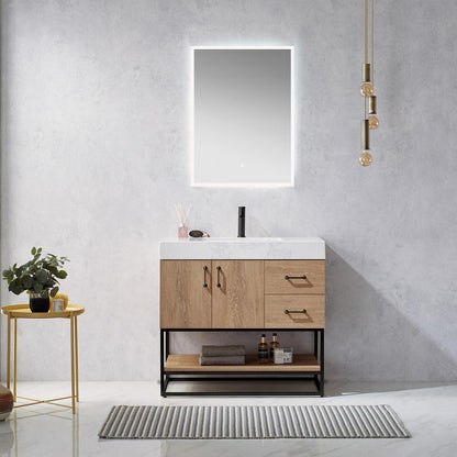36B" Single Vanity with White Grain Stone Countertop With Mirror