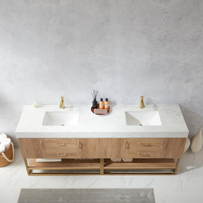 84" Double Sink Bath Vanity with White Grain Stone Countertop