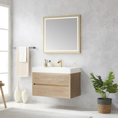 Single Sink Wall-Mount Bath Vanity Composite Integral Square Sink Top, Mirror