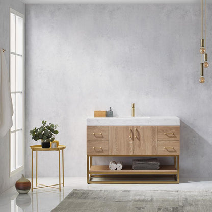 48" Single Vanity with White Grain Stone Countertop Without Mirror