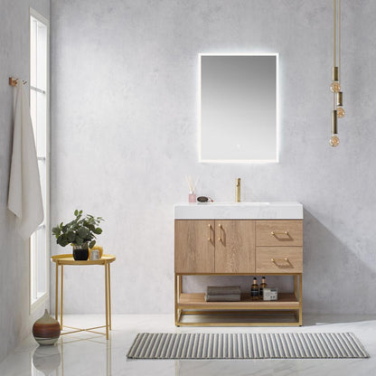36" Single Vanity with White Grain Stone Countertop With Mirror