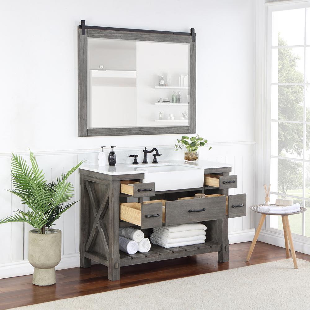 Single Bath Vanity with Composite Stone Top, White Farmhouse Basin and Mirror