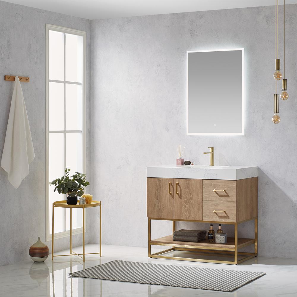 36" Single Vanity with White Grain Stone Countertop With Mirror
