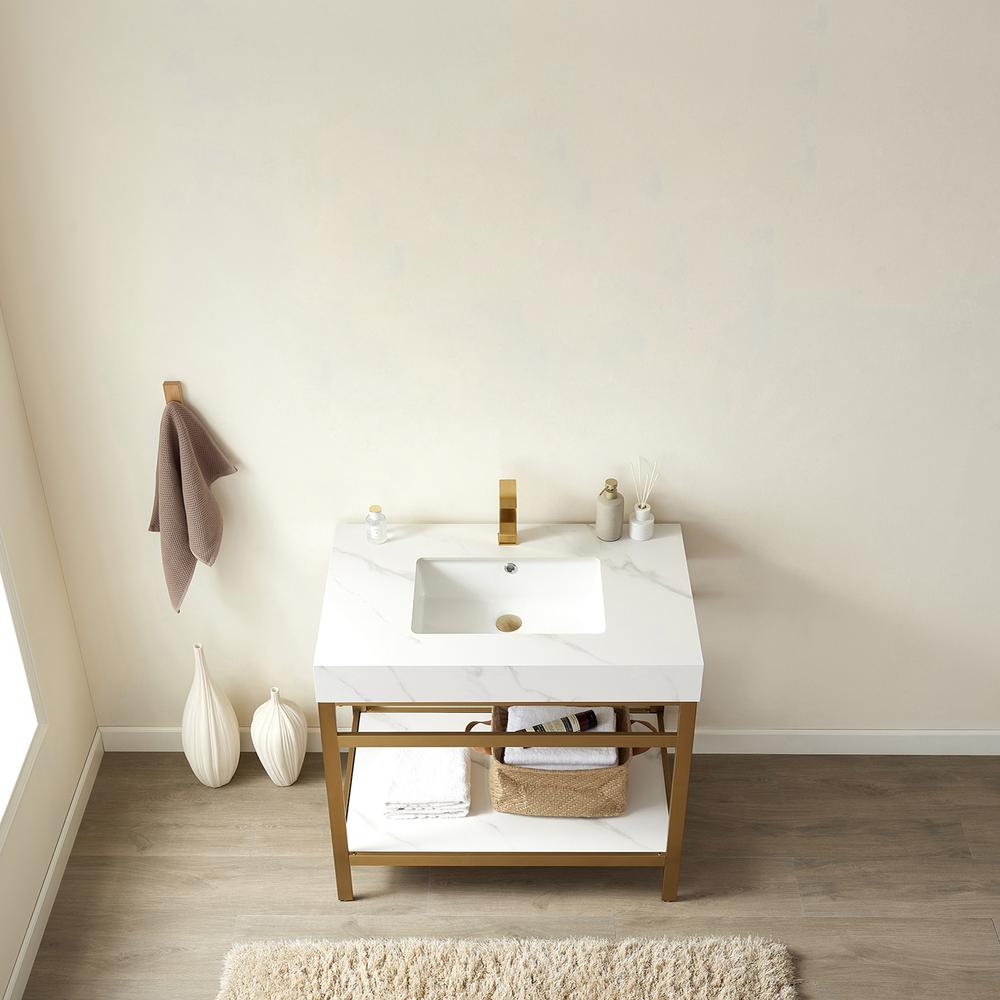 Single Sink Bath Vanity Metal Support with White Sintered Stone Top