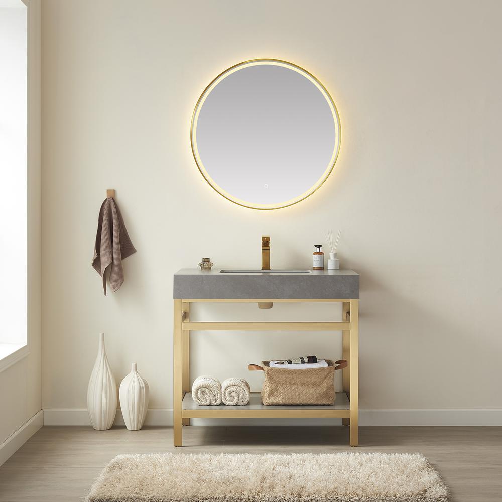 Single Sink Bath Vanity Metal Support with Grey Sintered Stone Top and Mirror