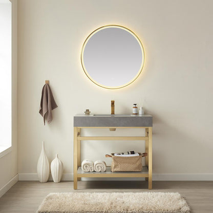 Single Sink Bath Vanity Metal Support with Grey Sintered Stone Top and Mirror