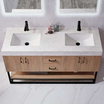 60B" Double Vanity with White Grain Stone Countertop With Mirror