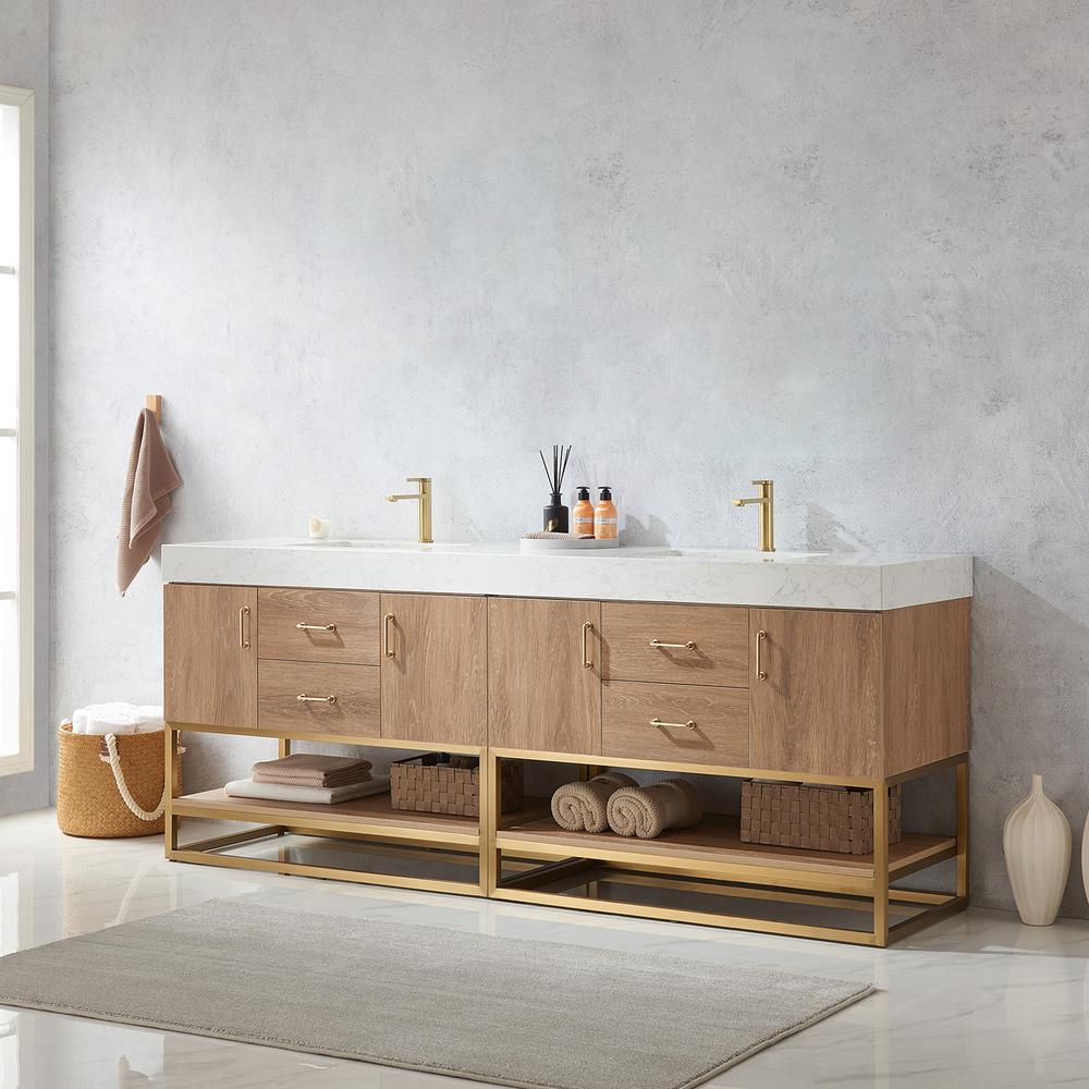84" Double Sink Bath Vanity with White Grain Stone Countertop