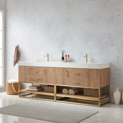 84" Double Sink Bath Vanity with White Grain Stone Countertop