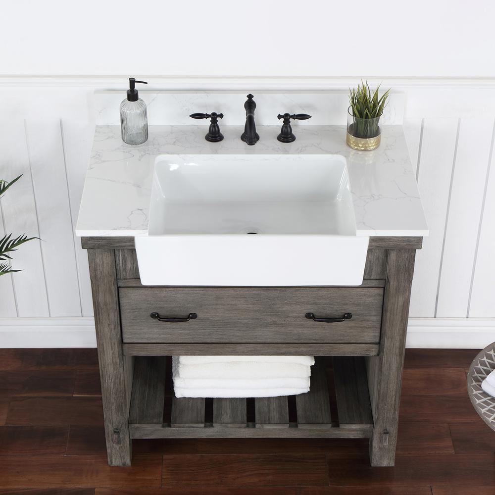 Single Bath Vanity with Composite Stone Top, White Farmhouse Basin