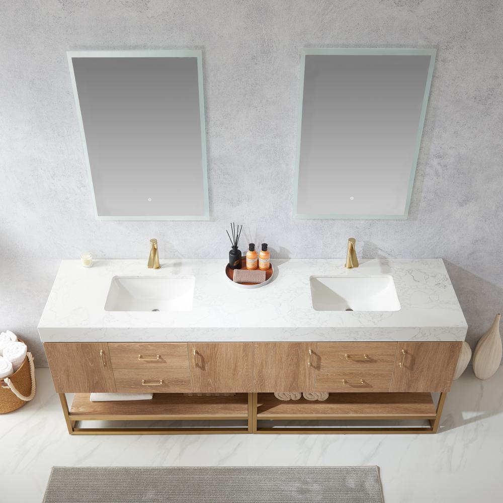 84" Double Sink Bath Vanity with White Grain Stone Countertop and Mirror