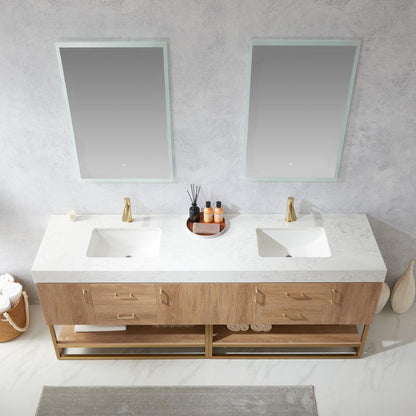 84" Double Sink Bath Vanity with White Grain Stone Countertop and Mirror