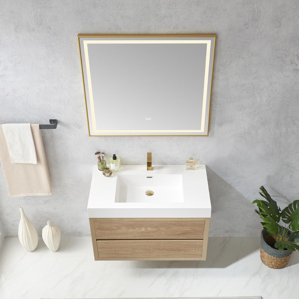 Single Sink Wall-Mount Bath Vanity Composite Integral Square Sink Top, Mirror
