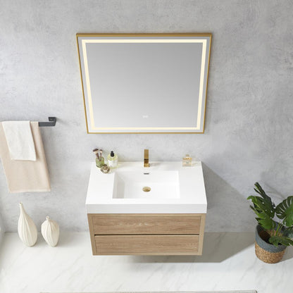 Single Sink Wall-Mount Bath Vanity Composite Integral Square Sink Top, Mirror