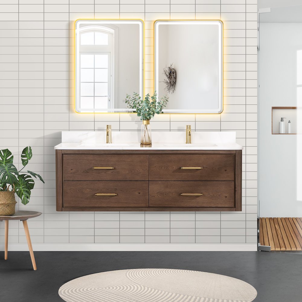 Cristo 60M" Floating Double Bath Vanity in Aged Dark Brown Oak
